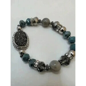 Chicos Metallic Drusy Glass Beaded Bracelet Rhinestones blues, grays, silver